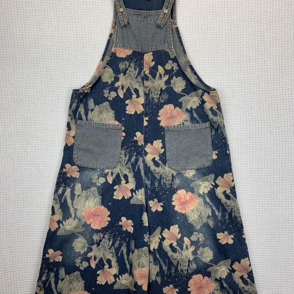 COWOKA Boho Floral Denim Bib Overalls Loose Wide Leg Jumpsuit Suspenders Small - Picture 13 of 13